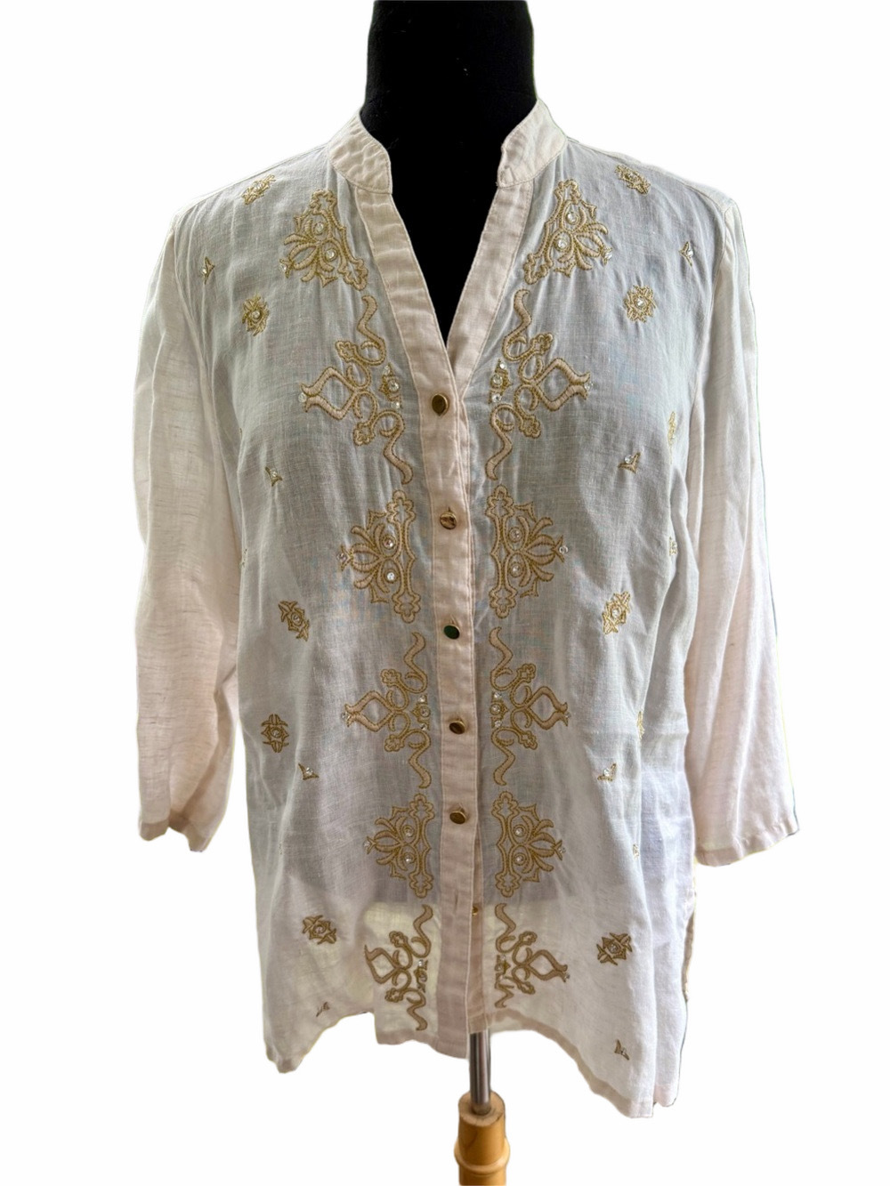 JM Collection Linen Button Front Embroidered Tunic Size 10 Off White Gold